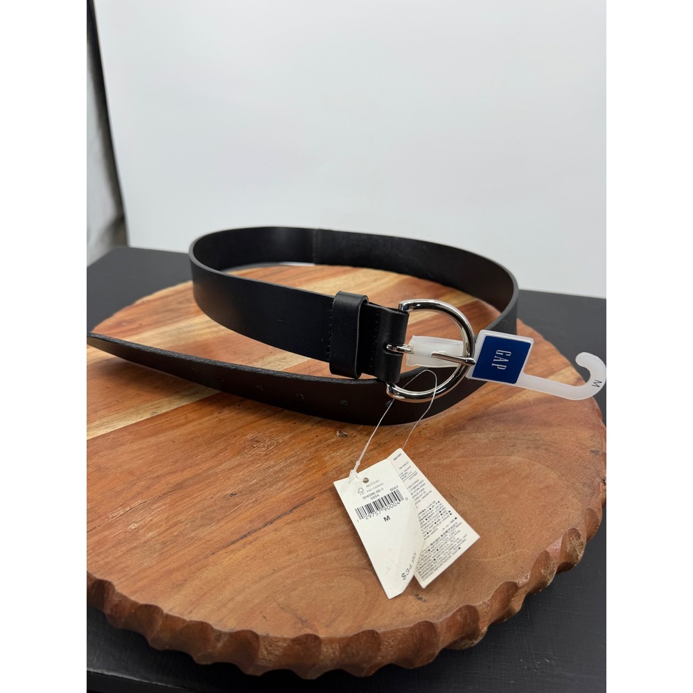 Gap Contour Belt Women Size Medium Black Leather Silver D-Ring Buckle New